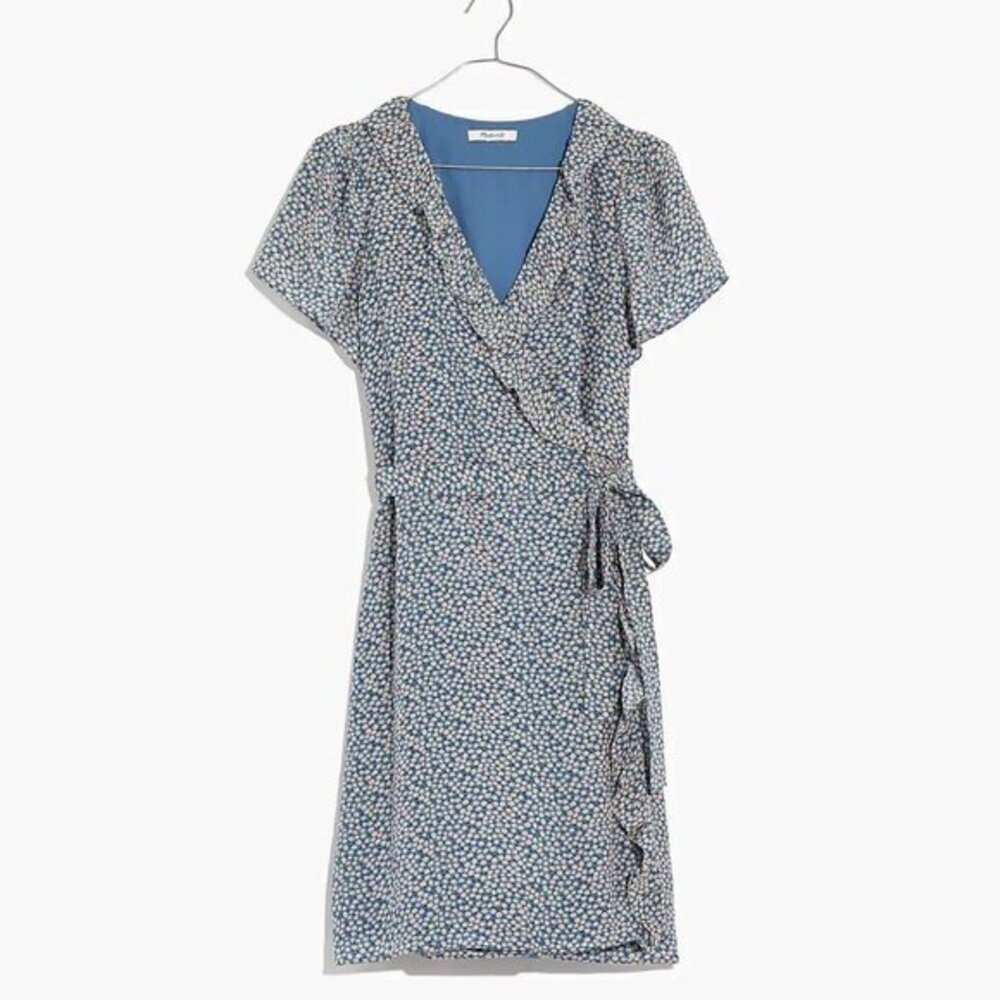 Madewell XXS Silk Ruffle Edge Wrap Dress Bitsy Floral Blue Cream Mini